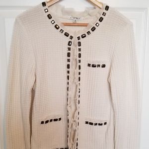 CAbi cream cardigan with sheer ruffles and studs